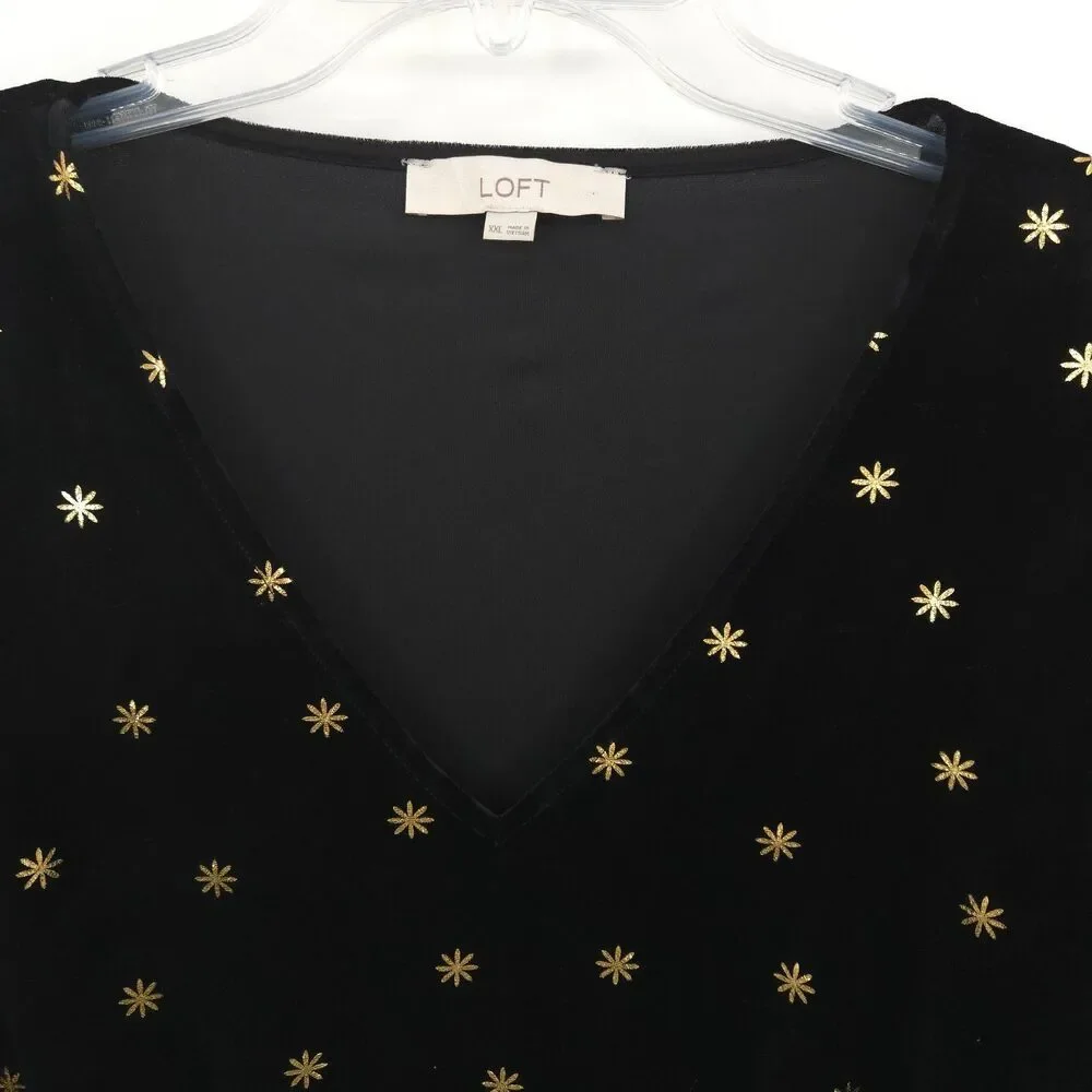 Loft Starry Velour V-Neck Top Size XXL black‎ gold foil etheral whimsigoth